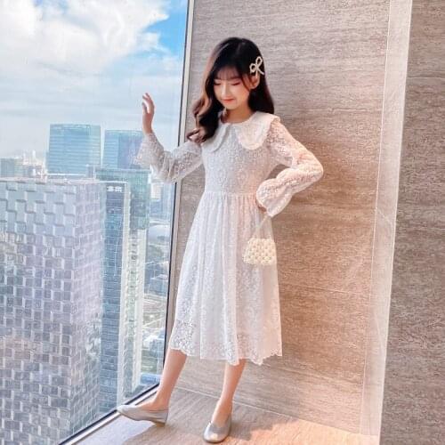Teenage Girls Spring 2021 New Lace Princess Dress Children Korean Style Mid Length Elegant Party Clothing Fashion Sweet, #9321