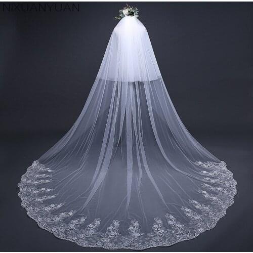 NIXUANYUAN 2021 New 3.8 Meters Two-Layer Lace Tulle Long Wedding Veil New White Ivory Bridal Veil with Comb Velos De Novia