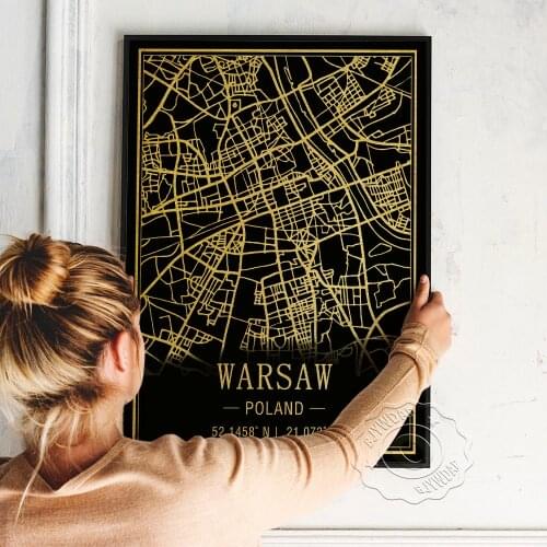 Poland Warsaw Black Golden Image Line Map Poster, Warsaw Geography Location Art Prints, Minimalism Geometry Location Home Decor