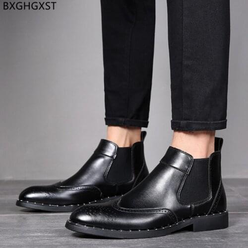 Brown Motorcycle Boots for Men Male Outdoor Shoes for Man 2021 Chelsea Boots Man Black Winter Shoes Men Leather Boots Men Sapato