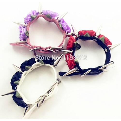 Cute Kawaii Handmade Lolita Pu Leather Flower Spikes Spiked Cuff Handcuff Bangle Bracelets
