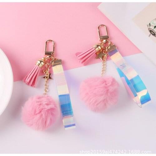 Mobile Phone Straps Color Belt Fur Ball Keychain Full of Pink Girl Heart Fur Ball Five-pointed Star Key Accessories
