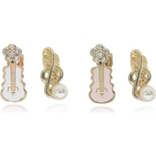 Fashion Jewelry Sweet Musical Note Pearl Earrings Crystal Flower Pink White Violin Guitar Earrings For Women Without Piercing