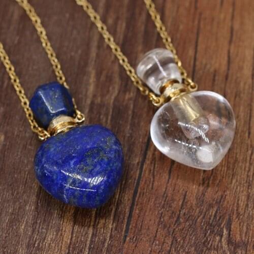 Natural Stone Perfume Bottle Pendant Necklace Rose Quartzs Lapis Lazulis Necklaces For Jewelry Gift Length 66+5cm Size 22x33mm