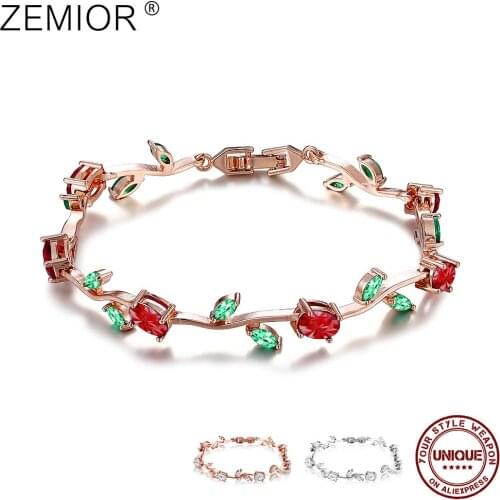 ZEMIOR Rose Gold Color Leaf Chain & Link Bracelet For Women Trendy Red & Green 5A Cubic Zirconia Bracelets Party Jewelry Gift