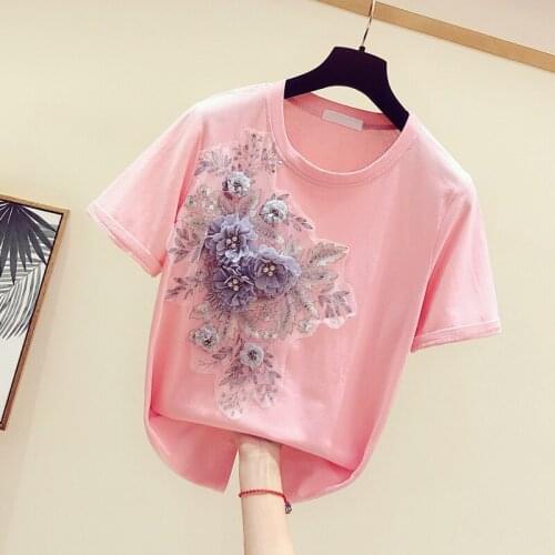 Women Flower Tshirt Summer New Handmade Beading Stereo Flower Short-sleeved Round Collar T-shirt Womens Casual Students Tees