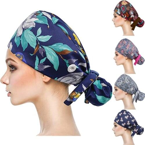 Women Personality Printing Solid Color Dust-proof Adjustable Hat Beautician Gourd Cap Buttons Bouffant Sweatband Ladies Hat