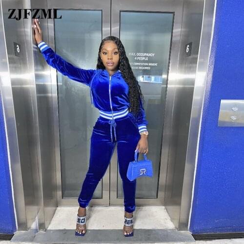 Velvet Tracksuit Fall Winter Clothes for Women Black Hooded Full Sleeve Stripe Jacket+blue Bodycon Drawstring Pant 2 Pcs Sets