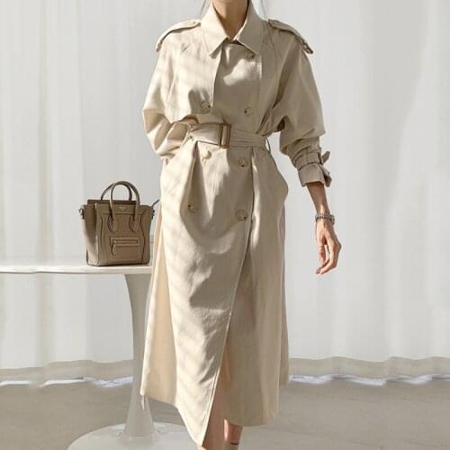 Autumn Elegant Mid-length Khaki Apricot Trench Coat Plus Sashes Korean Women Lapel Double Breasted Long Sleeve Windbreaker Coats