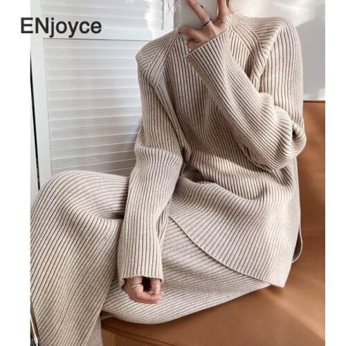 Autumn Winter Knitted Sweater and Pants 2 Pieces Sets Women Casual Slim Thick Knitted Pullover Female Korean Fashion Suits