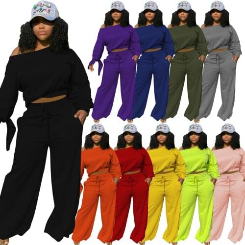 CM.YAYA Sport Sweatsuit Womens Set Tie Up Off Shoulder Sweatshirt Straight Pants Set Active Tracksuit Two Piece Fitness Outfit