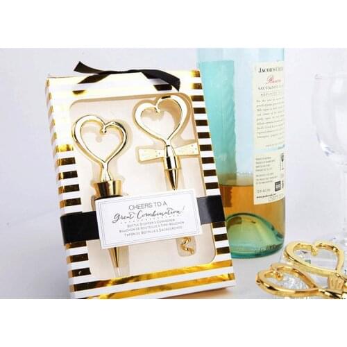 120pcs=60Sets/lot Gold Cheers to a Great Combination Wine Set Heart Wine Stopper Corkscrew Wedding Favors Party Gifts SN078