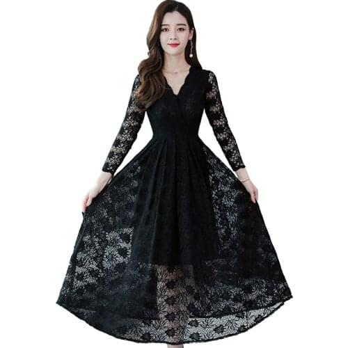 2021 Spring Autumn New Korean Fashion Women V-collar Lace Solid Robe Femme Temperament Casual Silm A-line Long Sleeve Maxi Dress