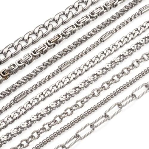 9pcs Unisex 304 Stainless Steel Chain Bracelets Curb Cuban Link Chain Bead Chain Paperclip Chain Byzantine Chain Fashion Jewelry