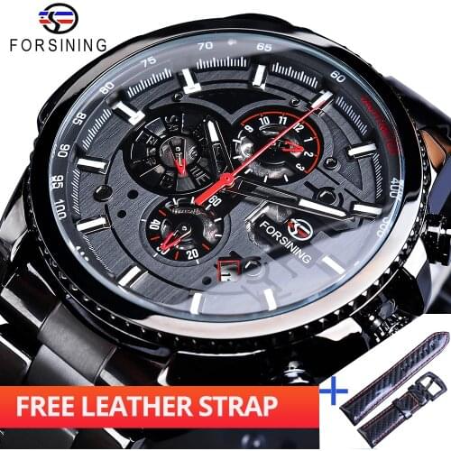 Forsining Watch + Band Set Combination Sport Male Clock 3 Dial Calendar Black Stainless Steel Men Automatic Wrist Military Clock