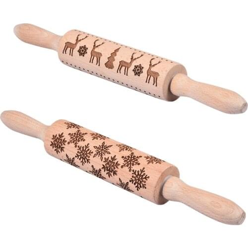 Christmas Embossing Wooden Rolling Pin With Christmas Patterns Snowflake And Elk Baking Cookies Biscuit Fondant Cake Dough Tool