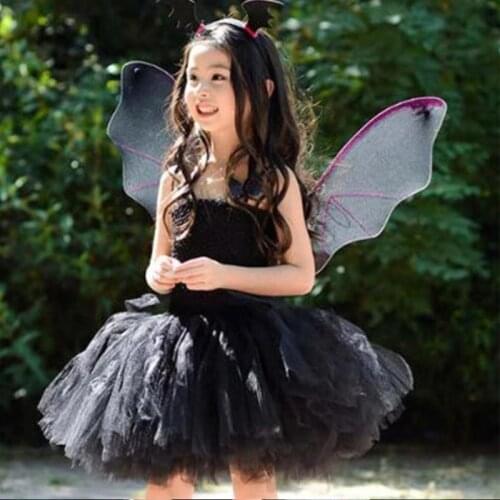 Children puffy skirt Black bat Costume Dress headdress wings suit Halloween Carnival Purim Party Cosplay Costume For Kids Girls