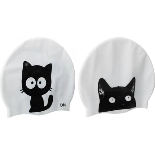 Unisex Elastic Swimming Cap Cute Carton Cat Pattern Silicone Protect Ears Long Hair Sports Swim Pool Hat Swimming Cap Free size