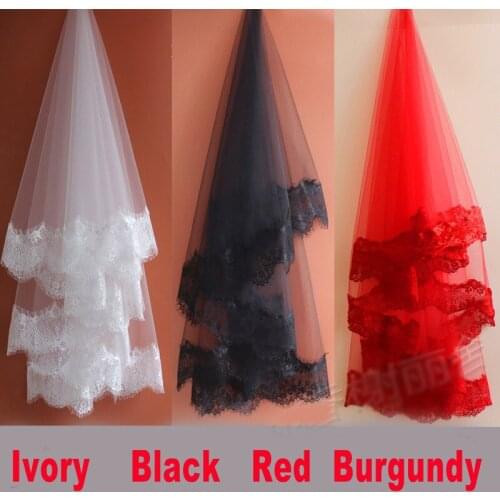 Lace Appliques Wedding Veil Ivory Black Red Burgundy 1.5/2/3 Meters Bridal Veils One Layer Veil Wedding Accessories Velos De Nov