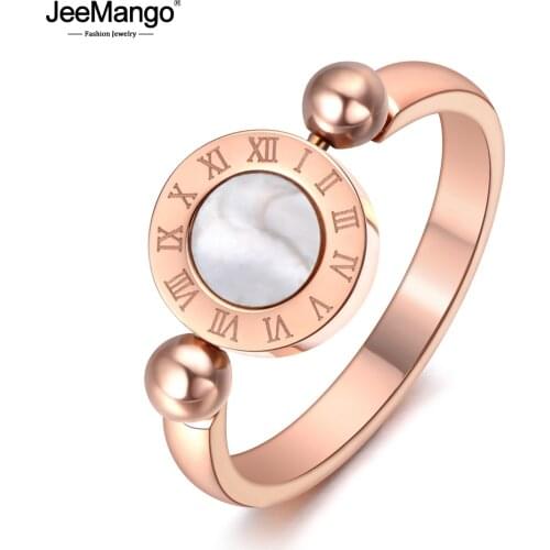 JeeMango Trendy Classic Rotatable White/Black Shell Roman Numeral Wedding Rings For Women Titanium Stainless Steel Ring JR19061