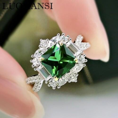 Luomansi New Jewelry 100%-S925 Sterling Silver Luxury 7*7 Emerald Diamond Woman Ring Party Anniversary Gift