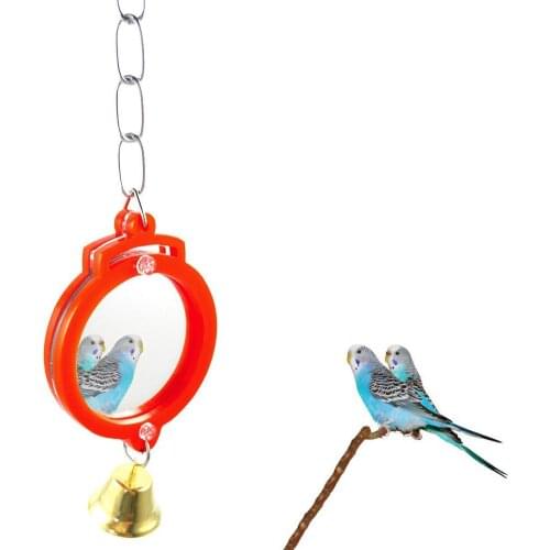 Cute Lightweight Parrot Parakeet Bird Mirror Round Heart Shape Cage Hanging Climb Pet Playing Toy Decorative Ornaments With Bell