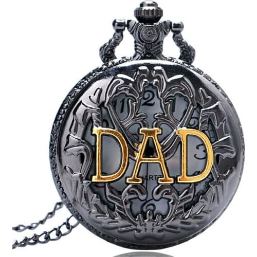 Vintage Black Hollow Men Quartz Pocket Watches Fashion Golden DAD Theme Carving Necklace Thin Chain Fathers Day Gifts