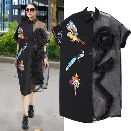New Fashion Woman Summer Black Chiffon Shirt Dress Female Ruffle Embroidery Sequined Lady Mesh Party Dresses Robe Plus Size