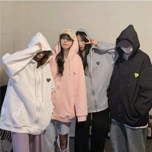 2021 Autumn Long Sleeve Waffle Chic Sweatshirt Retro Waffle Super Fire Solid Color Jacket Zipper Cardigan Hoodie