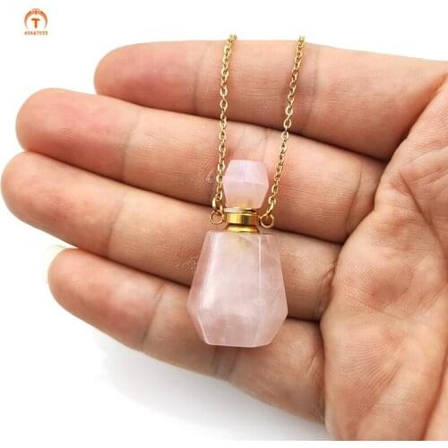 Natural Stone Perfume Bottle Pendants Necklace Rose Quartz Clear Crystal Essential Oil Diffuser Stone Gold Silver Jewelry Chakra