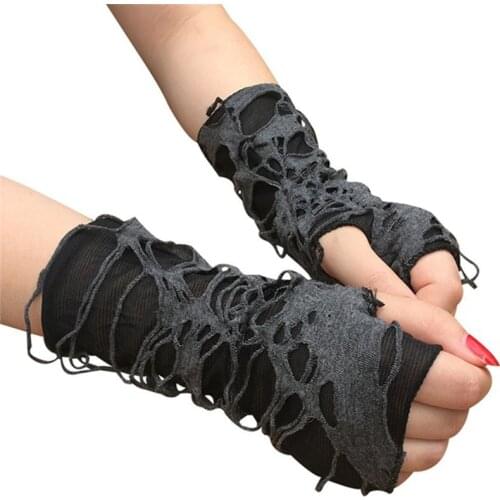 Broken Slit Halloween Gloves For Adults Sexy Gothic Fingerless Gloves Black Ripped Holes Decor Cosplay Gloves
