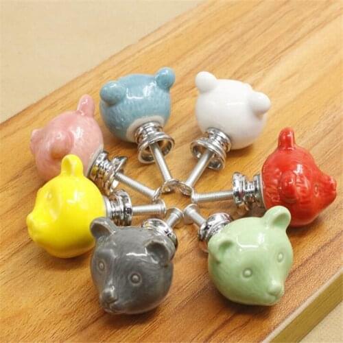 Cute Bear Ceramic Handle Multi Color Animal Cartoon Small Knob Handles Cabinet Drawer Wardrobe Shoe Cabinet Door Pulls DIY
