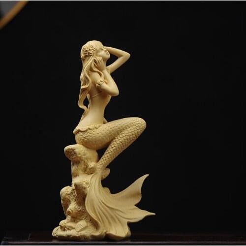 Boxwood 15cm 19cm Mermaid Sculpture Living Room Decoration Sea Beauty Figure Wood Statue Mermaid Home Decor