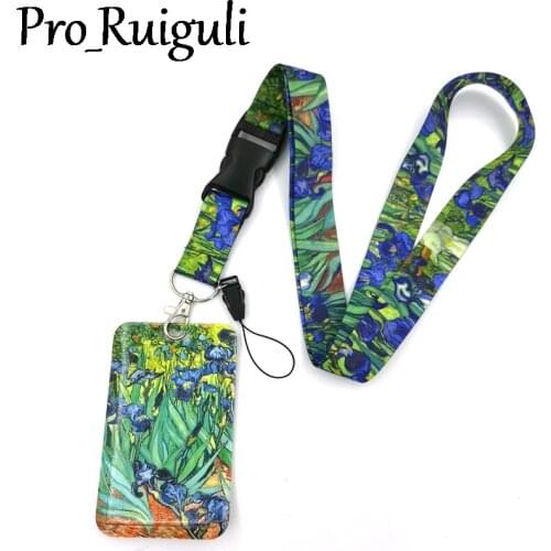 Van gogh Irises Painting Lanyard Credit Card ID Holder Bag Student Women Travel Card Cover Badge Car Keychain Decorations