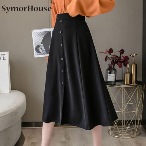 Korean Fashion High Waist A-Line Skirts Women 2021 Summer Vintage Casual Button Skirt Simple Office Lady Black Skirts Autumn