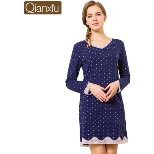 2021 Autumn Sleepshirt Female Casual Simple polka dot nighty dresses Ladies Cotton Nightgown Women Long Sleeve sleepwear dress