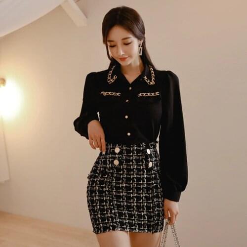 ZAWFL Tweed Skirts and White Blouse Women Long Sleeve Tops Chiffon Shirts Ladies Elegant Short Skirts Girls 2 Piece Suits