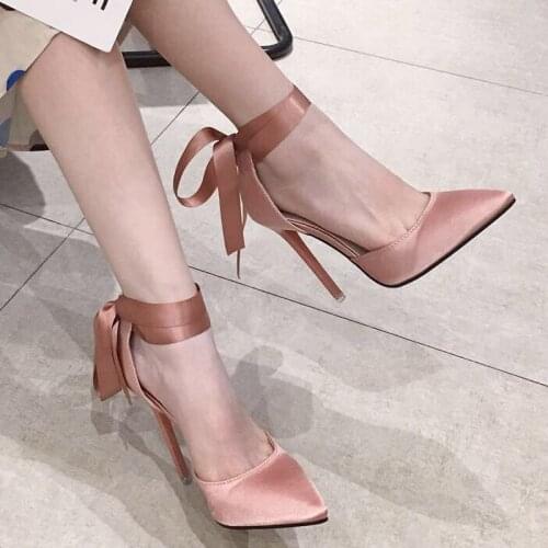 Womens Pumps Pointed Ankle Strap Super High Heel Hollow Outs Sandals Pink Silk Bridesmaid Shoes 2021 Summer Stiletto Heels