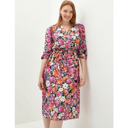 Double Breasted Neckline Floral Printed Waist Belted Viscose Womens Dress Elegance Cocktail Style Fashion