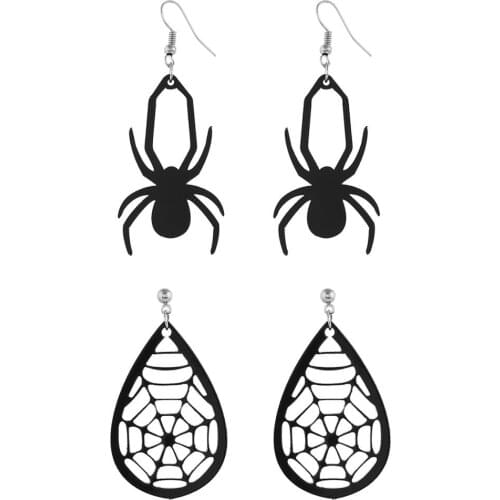 2 Pairs/Set Halloween Exaggerated Spider and Webs Black Acrylic Earrings for Women Hollow Out Gemoetric Insect Horrible Earrings