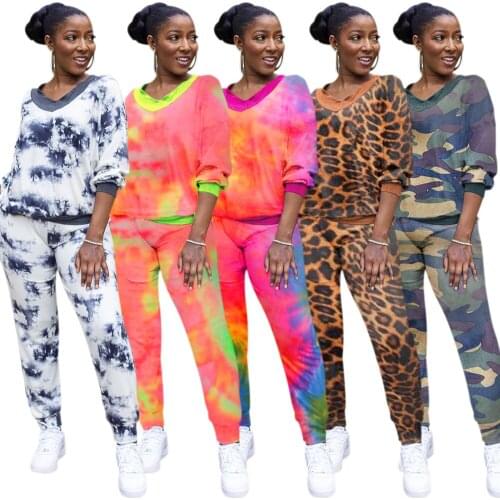Adogirl Autumn Camouflage Leopard Tie Dye Print Women Set Sweatshirts Jogger Pants Two Pieces Set Tracksuits Casual Outfits