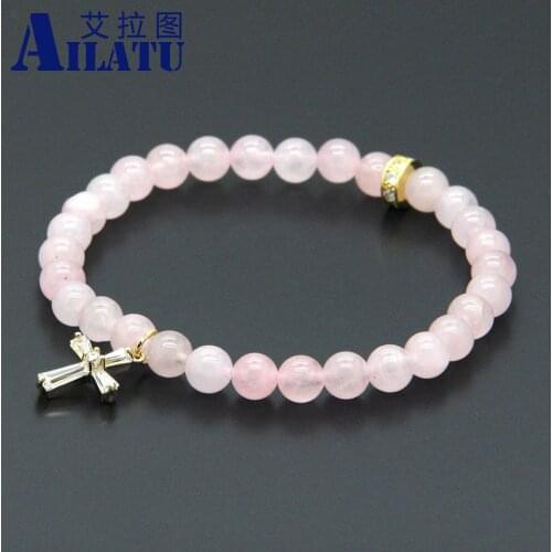 Ailatu 10pcs/lot 6mm Natural Pink Quatz Crystal Stone Beads with Micro Paved Clear Zircons Spacer Cz Beads Cross Bracelets