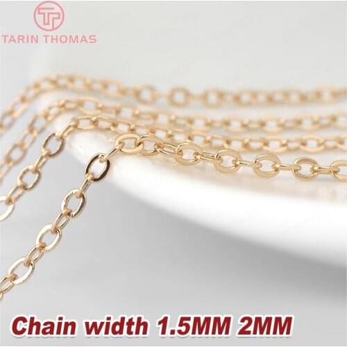 2 Meters width:1.5MM 2MM 24K Champagne Gold Color Brass Flat Oval Chains Necklace Chains High Quality Jewelry Accessories
