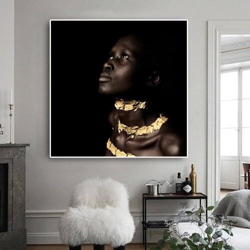 Black African Nude Women Gold Oil Painting on Canvas Scandinavian Style Posters and Prints Wall Pop Art Picture for Living Room
