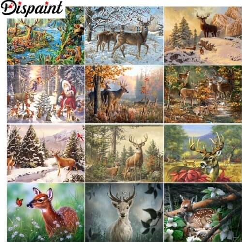 Dispaint Paint With Diamond Embroidery "Elk forest" Diamond Painting Full Square Round Picture Of Rhinestone Decor