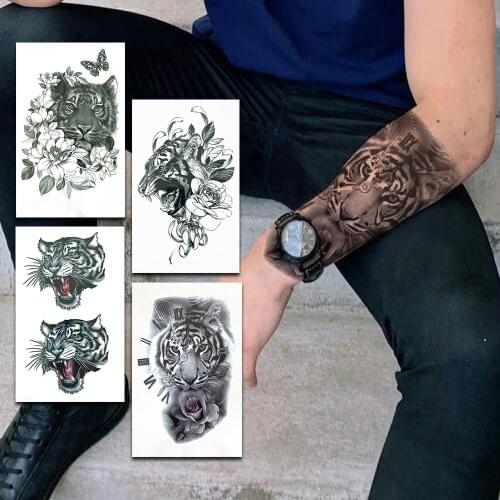 Tribe Tiger Head Temporary Tattoos For Men Women Clock Daisy Leaf Tattoo Sticker Rose Flower Bergamot Waterproof Tatoo Hand Legs