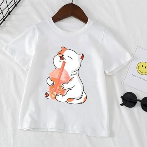 Cat Cartoon Boys Girls T-Shirt Print 2021 Fashion Clothing Casual Top Noodles/Pizza Summer Funny T Shirt For Children,YKP078