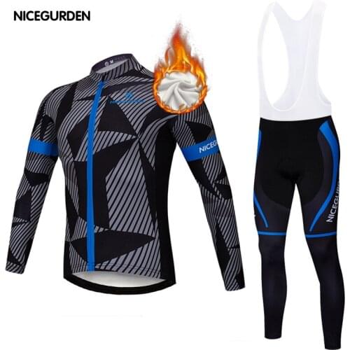 Mountain bike long-sleeved cycling jersey, gel pad, bib trousers, autumn and winter plus velvet warm wool cycling jersey set