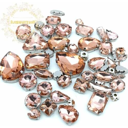 52pcs 23sizes 10shapes MIX Water Red shape Crystal Glass Sew-on Rhinestones silvery Bottom DIY Womens Dresses sijishuizuan