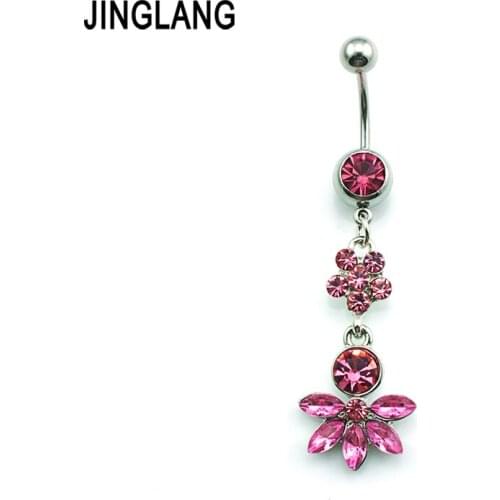 JINGLANG Fashion Hypoallergenic Navel Rings Surgical Steel Barbell Dangle Pink Rhinestone Flower Belly Piercing Jewelry